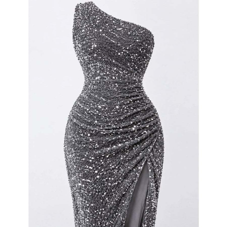 One-Shoulder Ruched Sequin High-Slit Evening Dress Apparel and Accessories