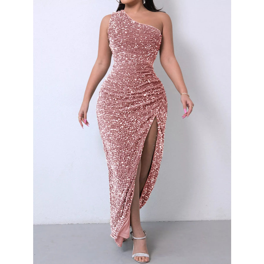 One-Shoulder Ruched Sequin High-Slit Evening Dress Apparel and Accessories