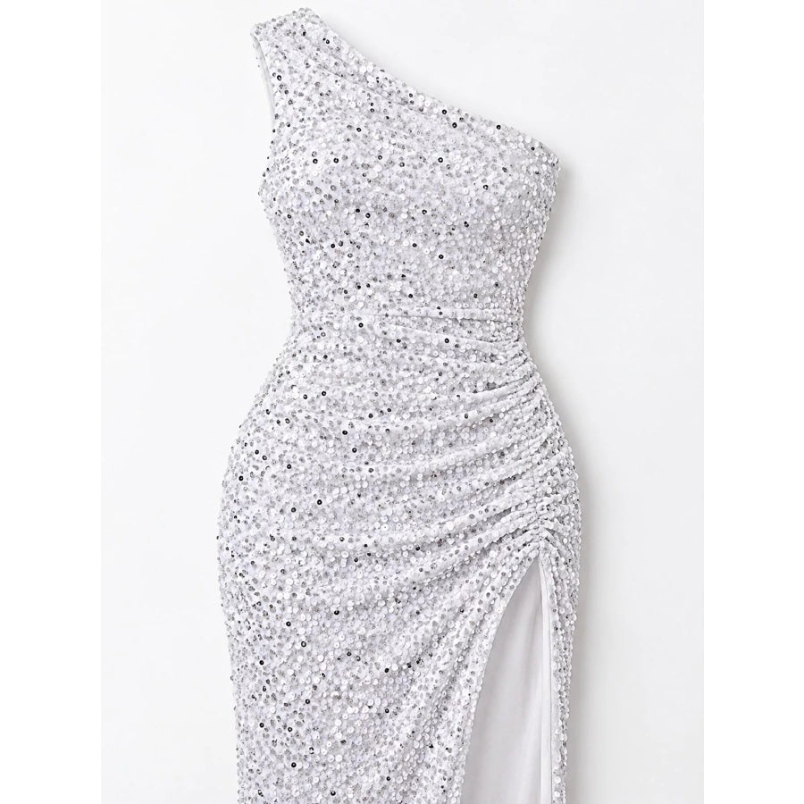One-Shoulder Ruched Sequin High-Slit Evening Dress Apparel and Accessories