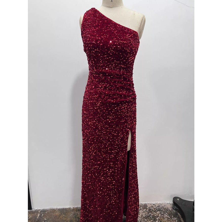 One-Shoulder Ruched Sequin High-Slit Evening Dress Apparel and Accessories