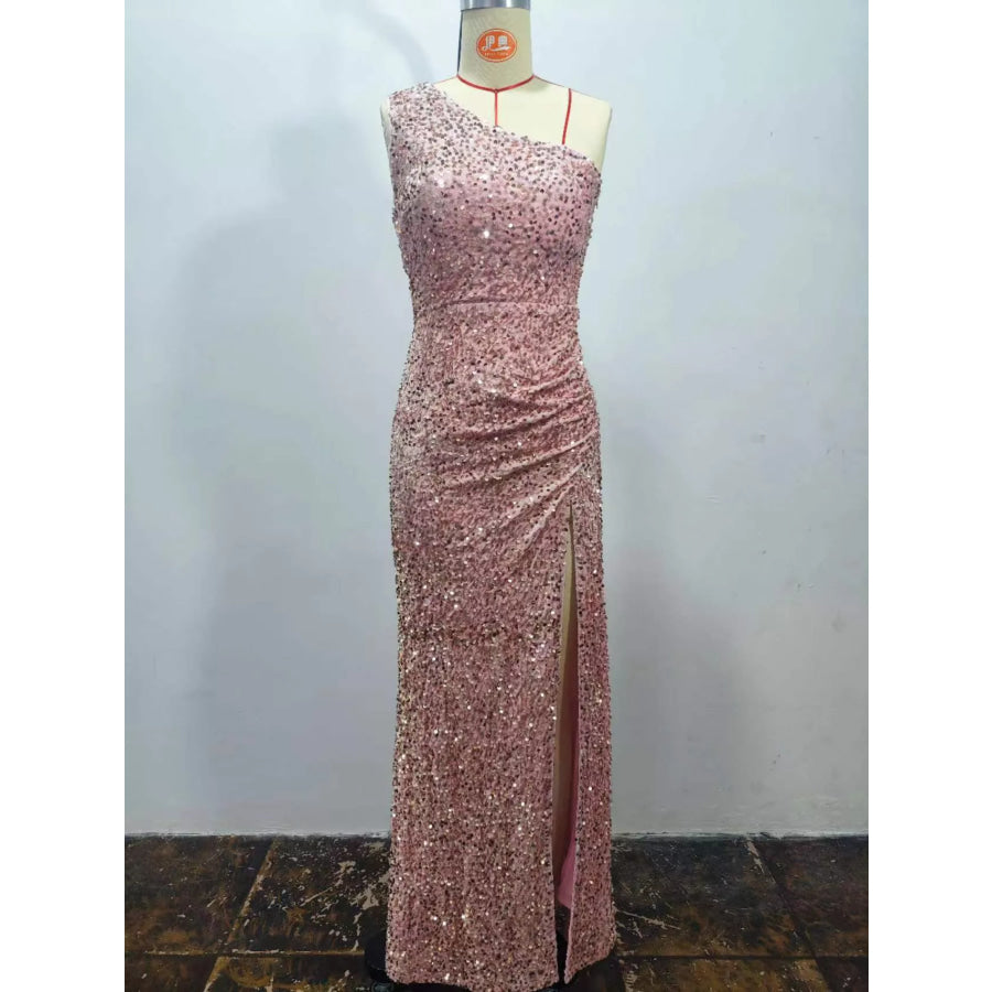 One-Shoulder Ruched Sequin High-Slit Evening Dress Apparel and Accessories