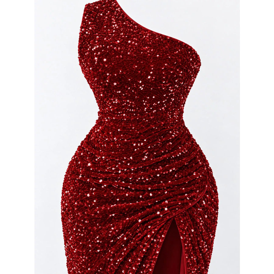 One-Shoulder Ruched Sequin High-Slit Evening Dress Apparel and Accessories