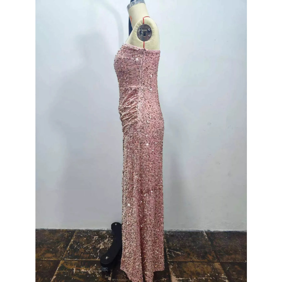 One-Shoulder Ruched Sequin High-Slit Evening Dress Apparel and Accessories