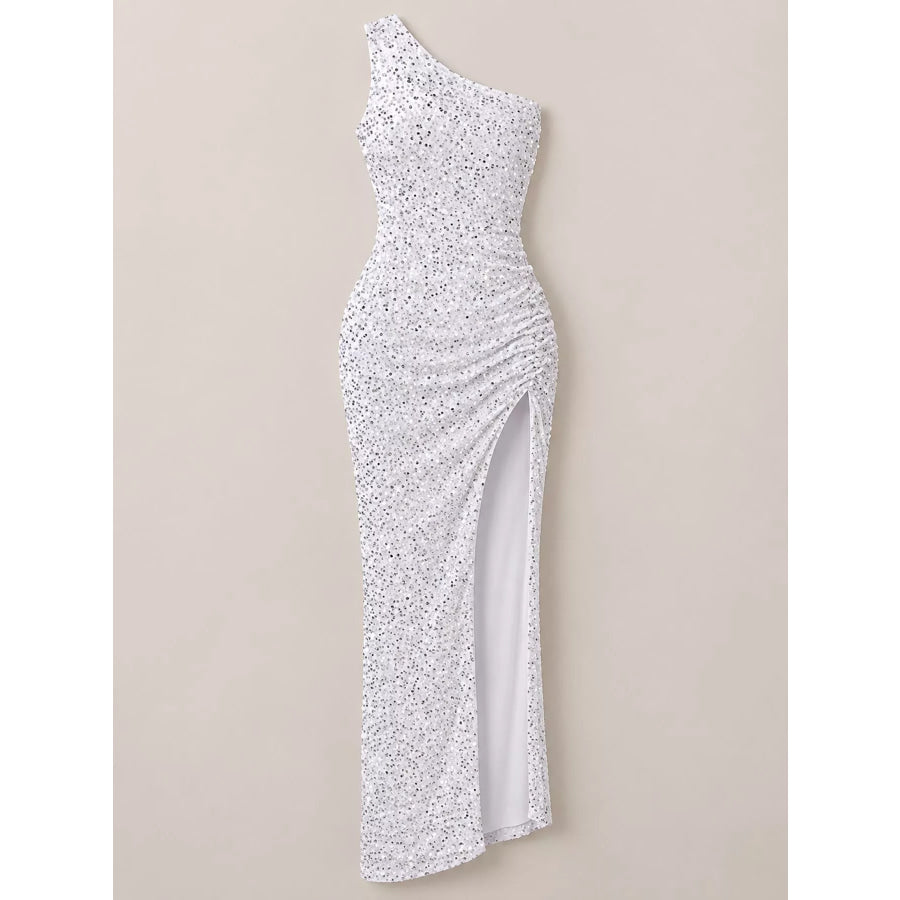 One-Shoulder Ruched Sequin High-Slit Evening Dress Apparel and Accessories