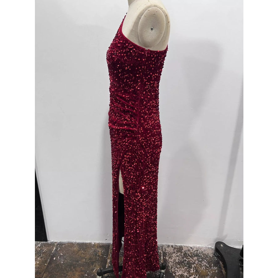 One-Shoulder Ruched Sequin High-Slit Evening Dress Apparel and Accessories