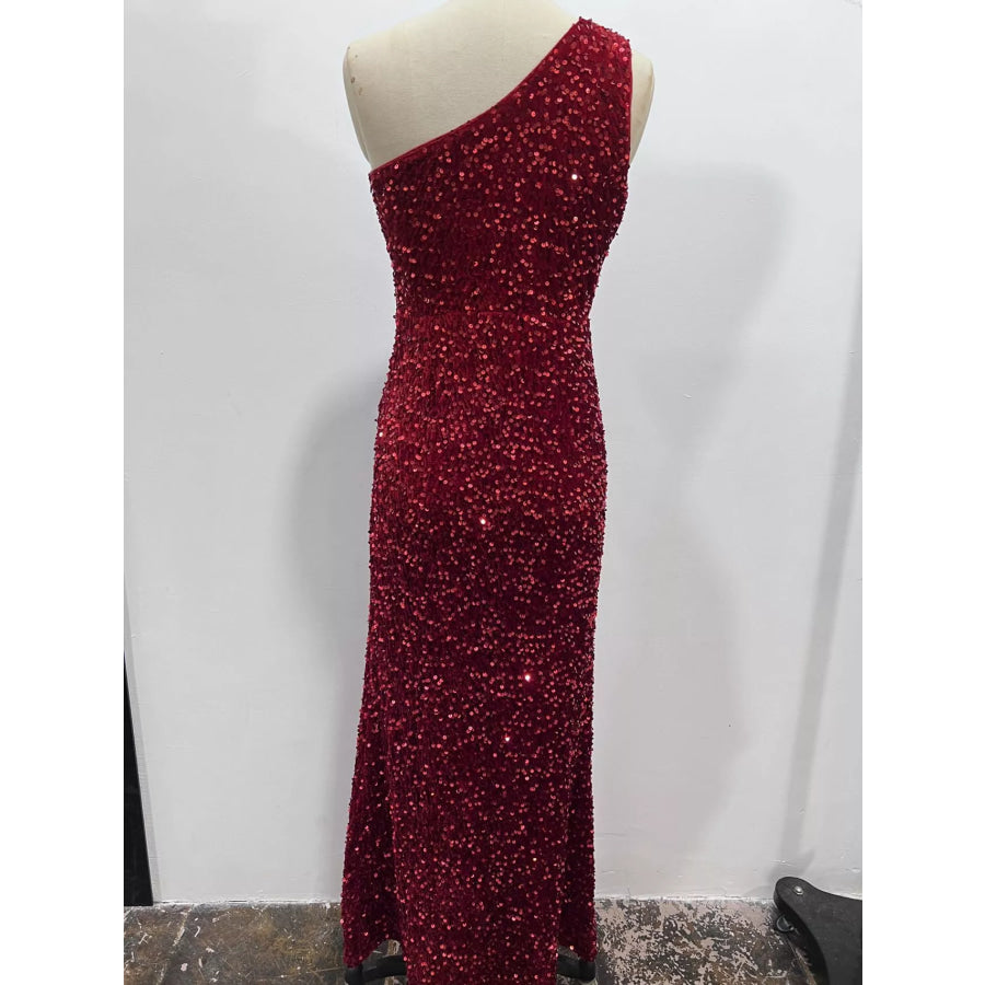 One-Shoulder Ruched Sequin High-Slit Evening Dress Apparel and Accessories
