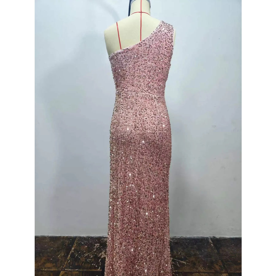 One-Shoulder Ruched Sequin High-Slit Evening Dress Apparel and Accessories