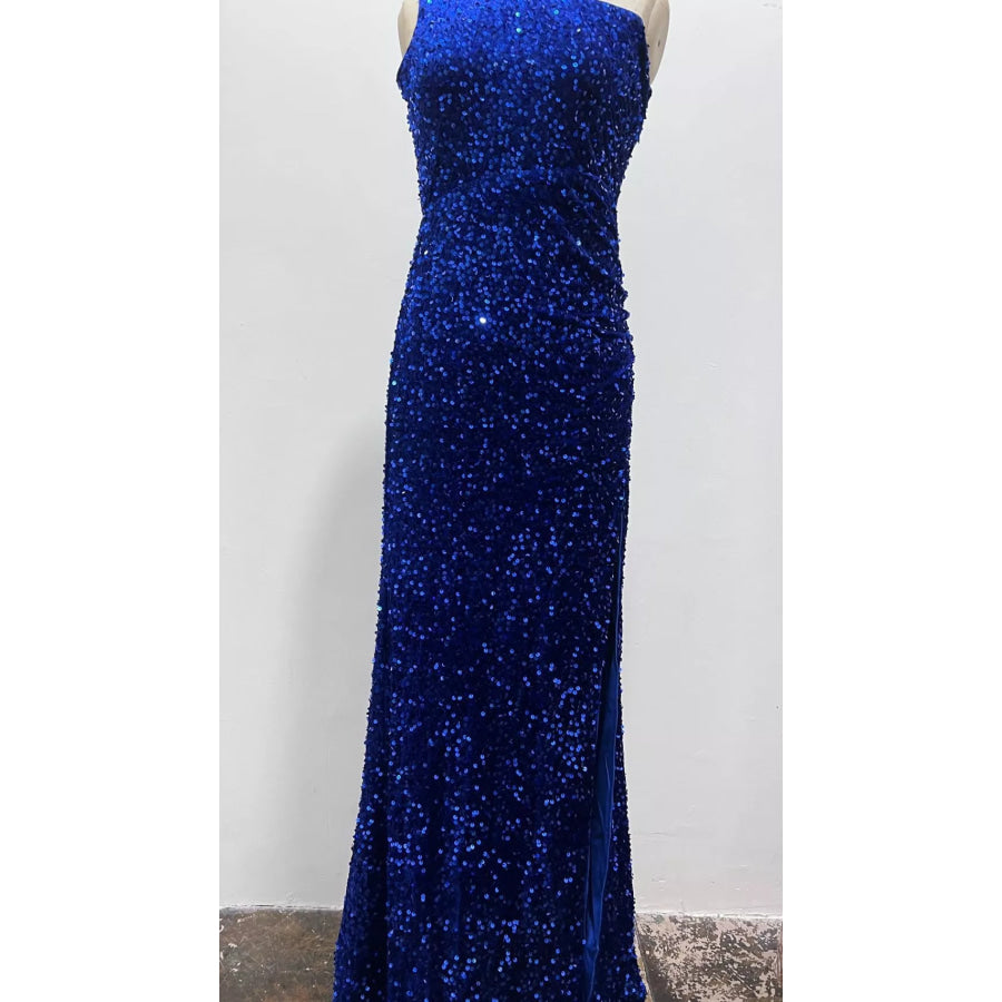 One-Shoulder Ruched Sequin High-Slit Evening Dress Apparel and Accessories