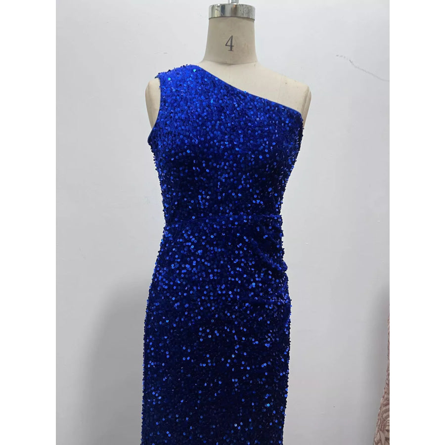 One-Shoulder Ruched Sequin High-Slit Evening Dress Apparel and Accessories