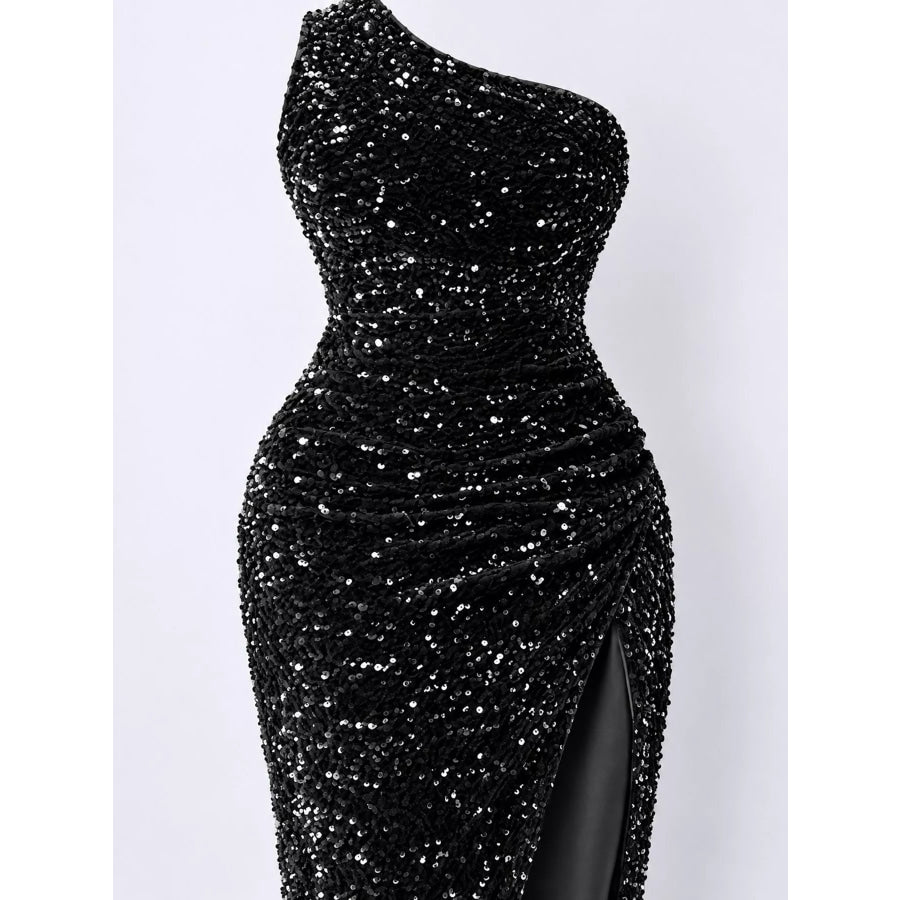One-Shoulder Ruched Sequin High-Slit Evening Dress Apparel and Accessories