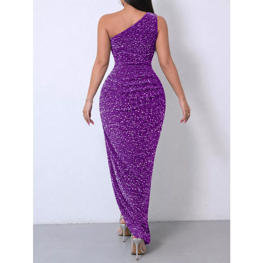 One-Shoulder Ruched Sequin High-Slit Evening Dress Apparel and Accessories