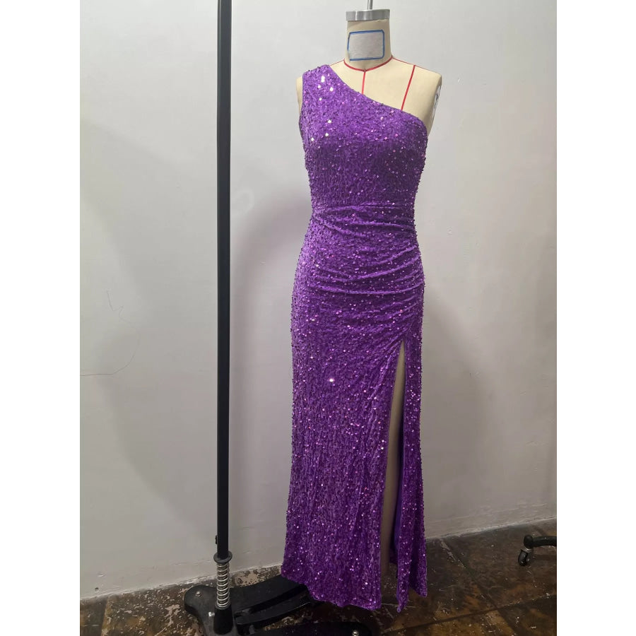 One-Shoulder Ruched Sequin High-Slit Evening Dress Apparel and Accessories