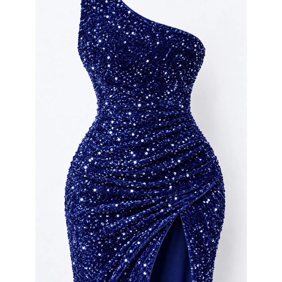 One-Shoulder Ruched Sequin High-Slit Evening Dress Apparel and Accessories