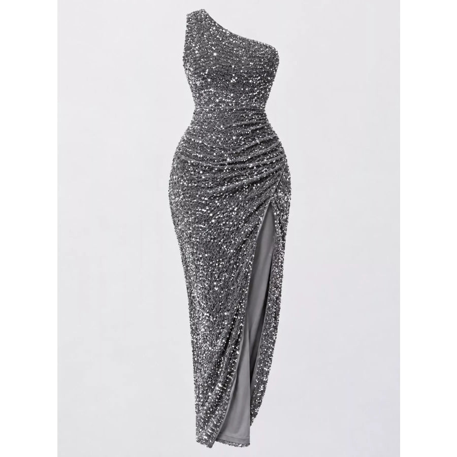 One-Shoulder Ruched Sequin High-Slit Evening Dress Apparel and Accessories
