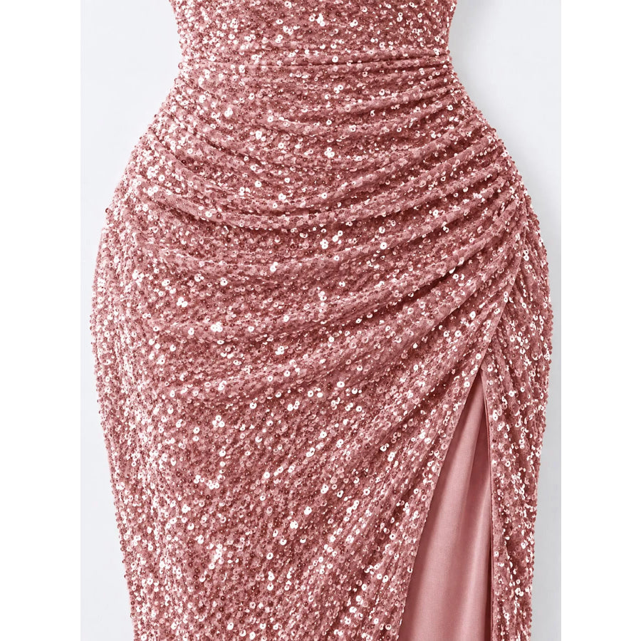 One-Shoulder Ruched Sequin High-Slit Evening Dress Apparel and Accessories