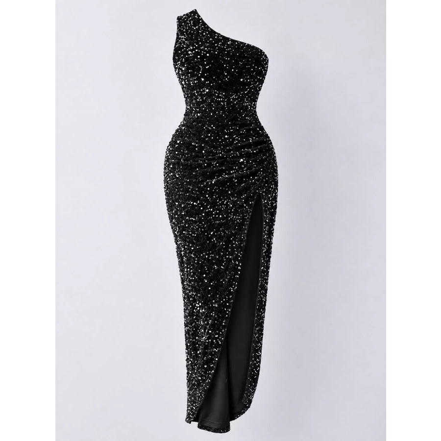 One-Shoulder Ruched Sequin High-Slit Evening Dress Apparel and Accessories