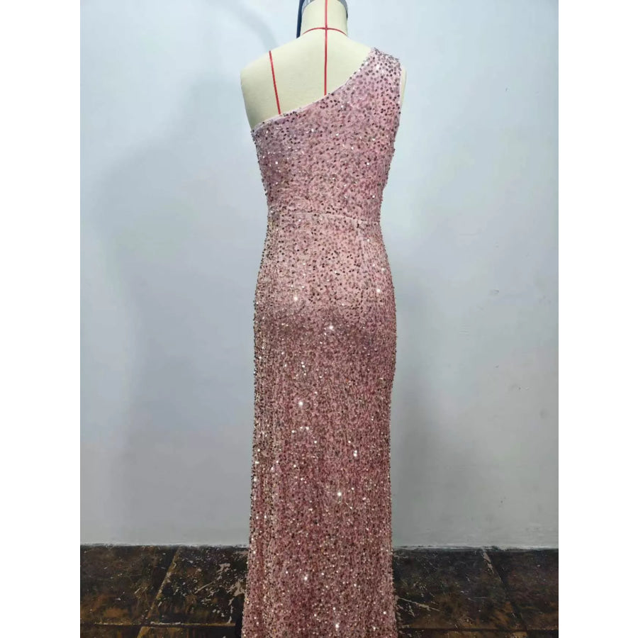 One-Shoulder Ruched Sequin High-Slit Evening Dress Apparel and Accessories