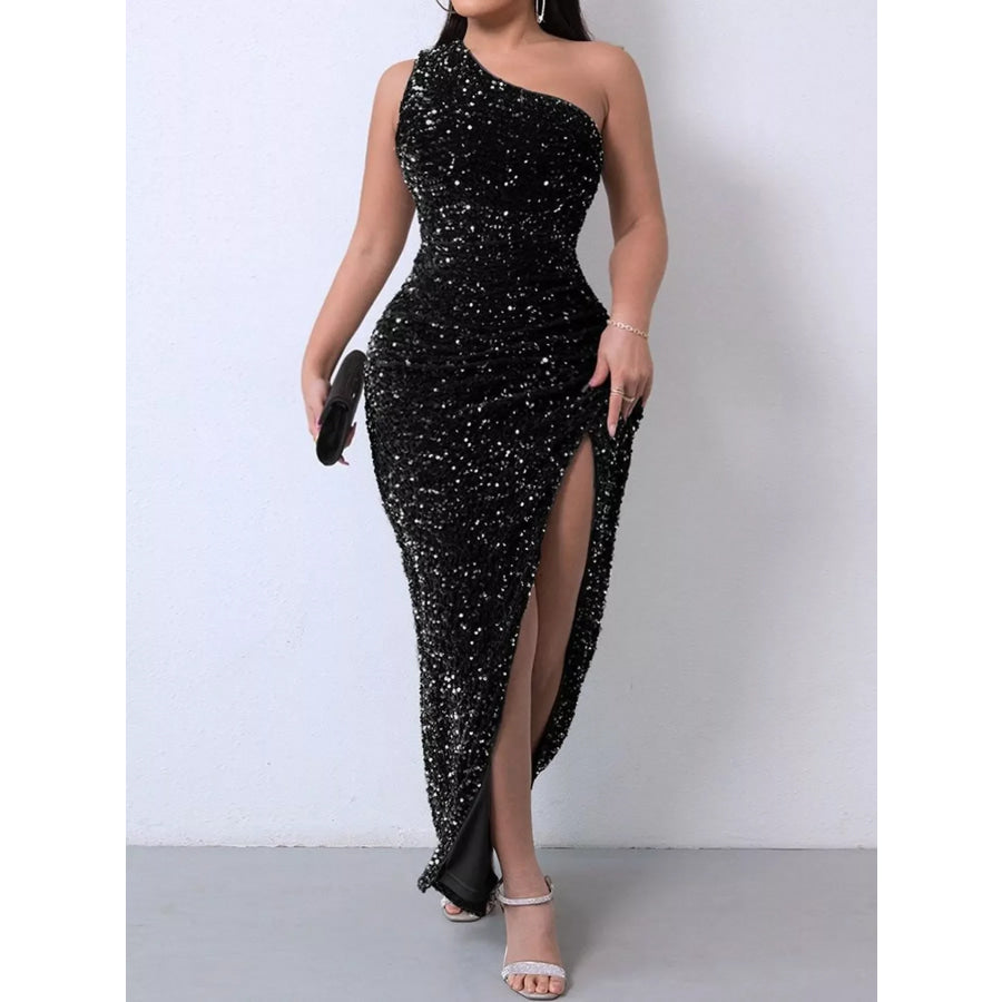 One-Shoulder Ruched Sequin High-Slit Evening Dress Black / S Apparel and Accessories