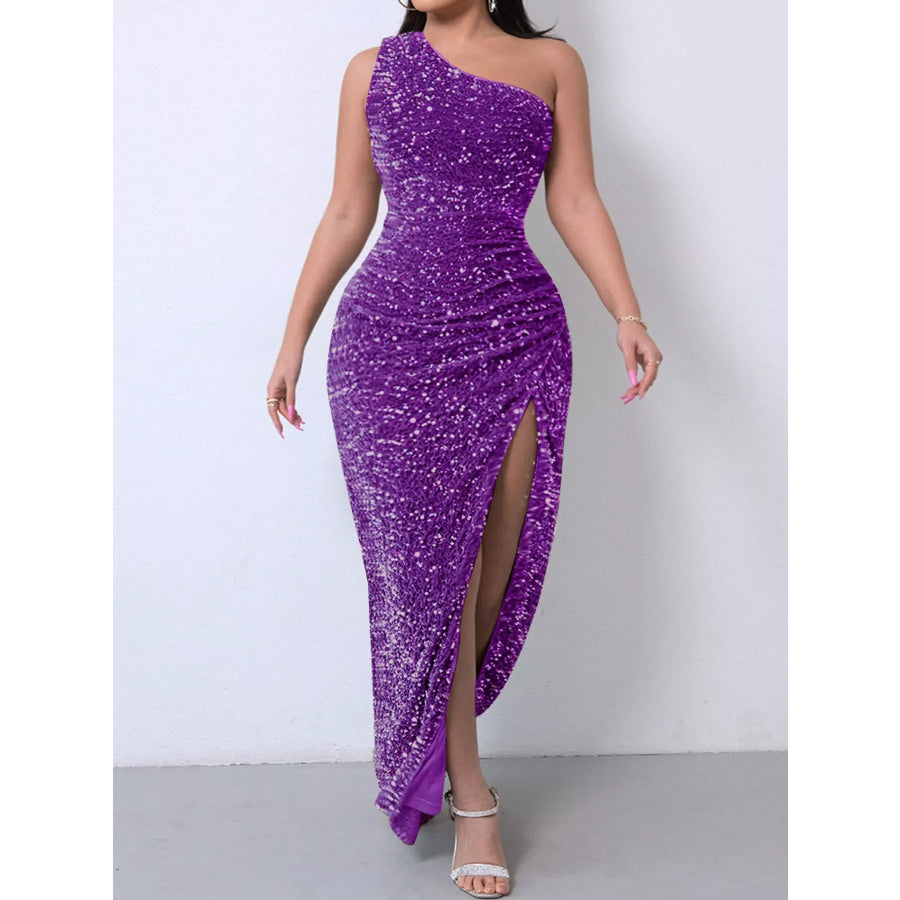 One-Shoulder Ruched Sequin High-Slit Evening Dress Purple / S Apparel and Accessories