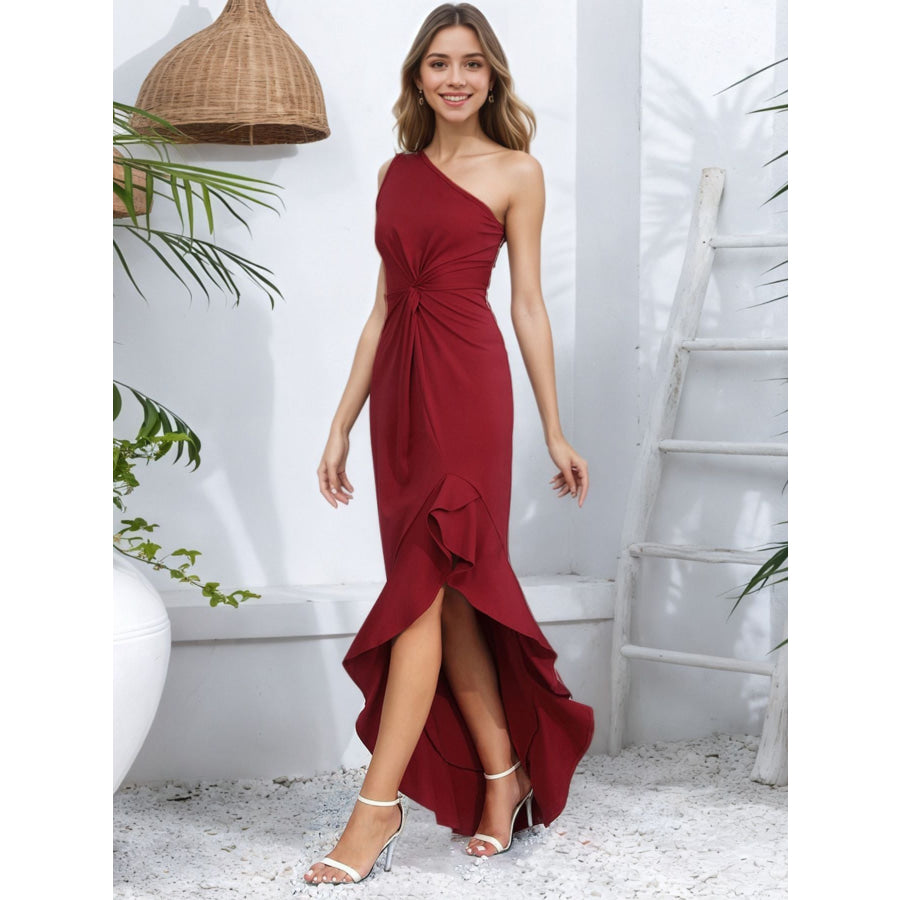 One-Shoulder Ruffle Hem Maxi Dress Apparel and Accessories