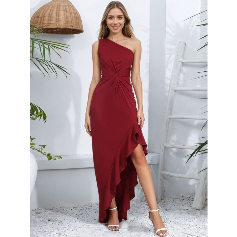 One-Shoulder Ruffle Hem Maxi Dress Red / S Apparel and Accessories