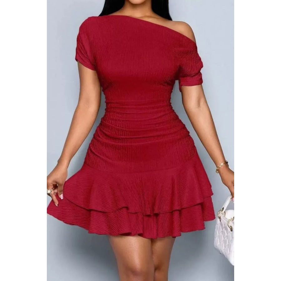 One-Shoulder Ruffle Hem Mini Dress Apparel and Accessories