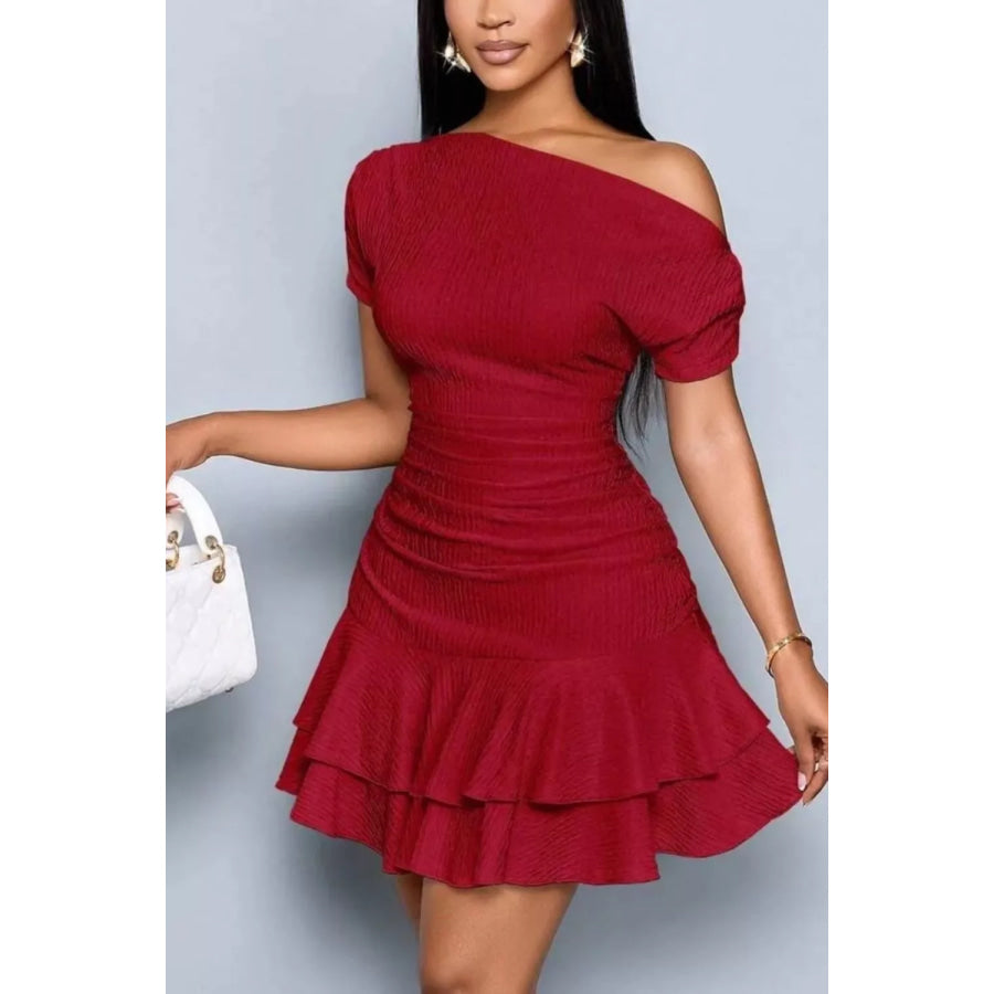 One-Shoulder Ruffle Hem Mini Dress Apparel and Accessories