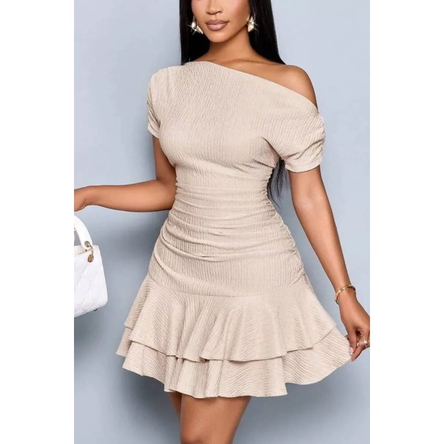 One-Shoulder Ruffle Hem Mini Dress Beige / S Apparel and Accessories