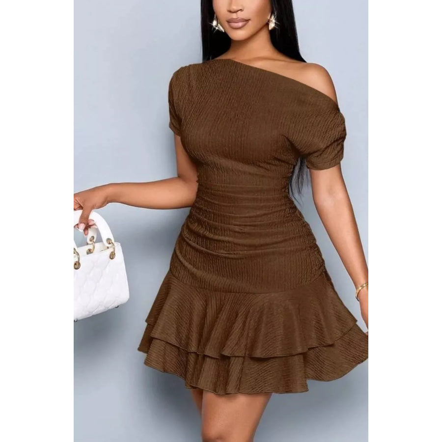 One-Shoulder Ruffle Hem Mini Dress Brown / S Apparel and Accessories