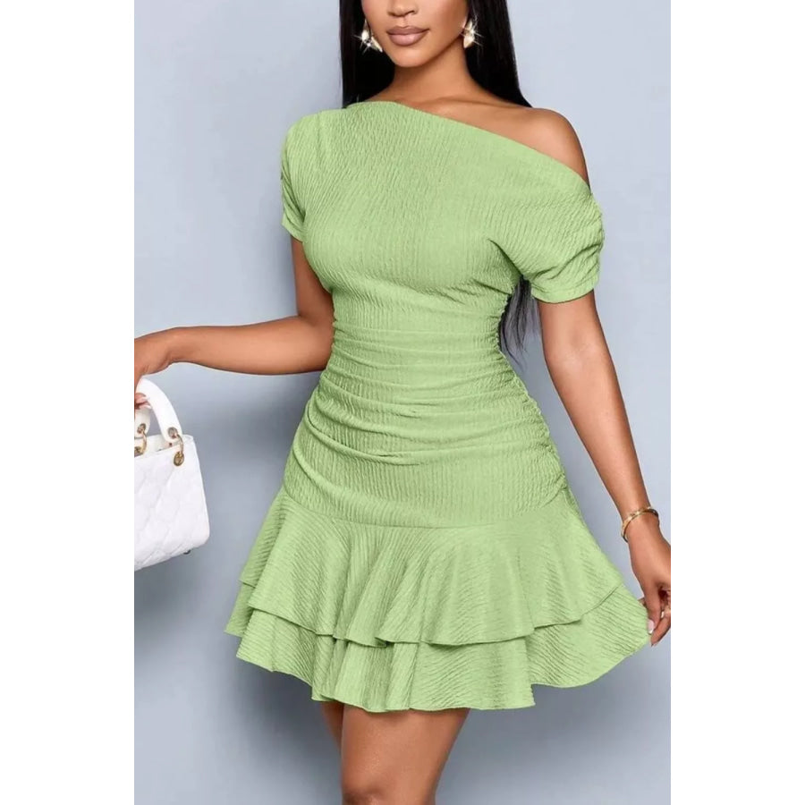 One-Shoulder Ruffle Hem Mini Dress Gum Leaf / S Apparel and Accessories