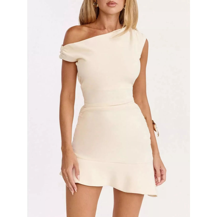 One-Shoulder Ruffle Hem Mini Dress White / S Apparel and Accessories