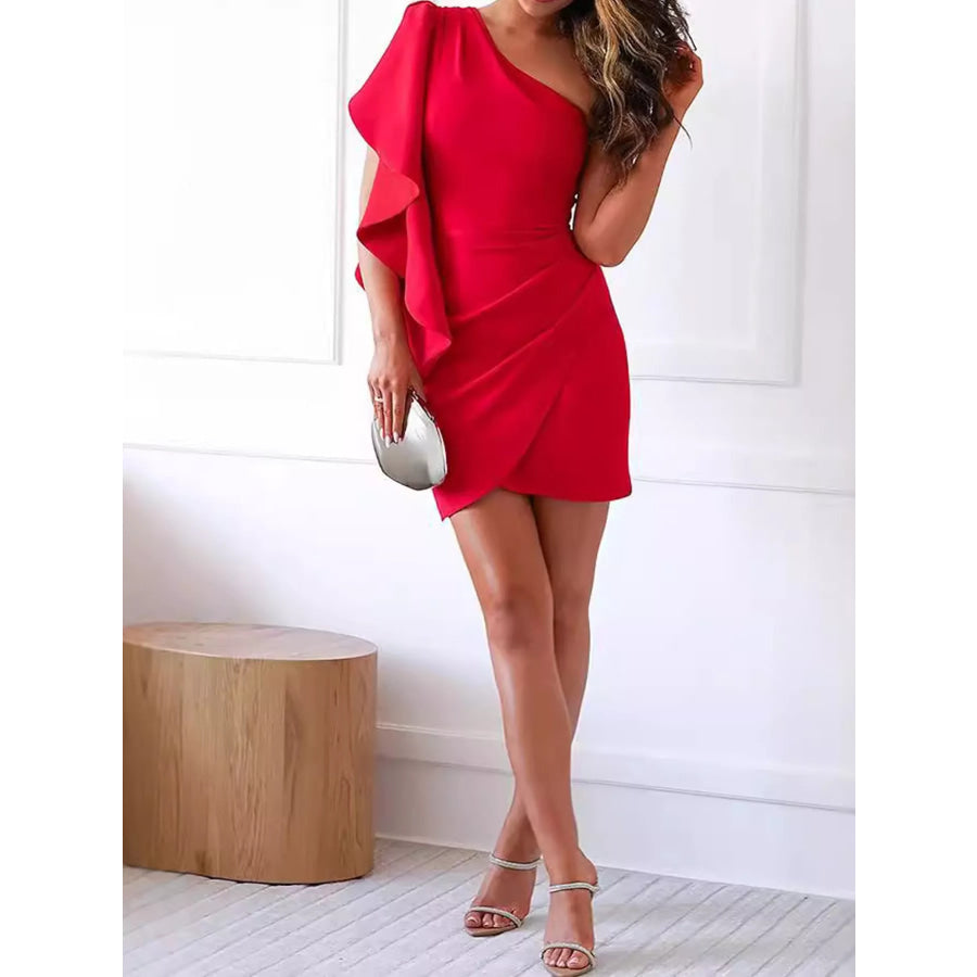 One-Shoulder Ruffle Mini Dress Apparel and Accessories