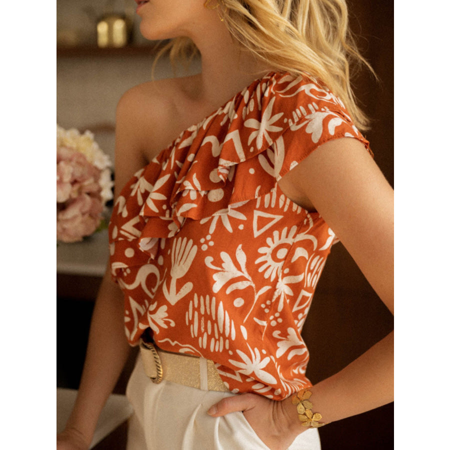 One-Shoulder Ruffle Sleeveless Top Orange / S Apparel and Accessories