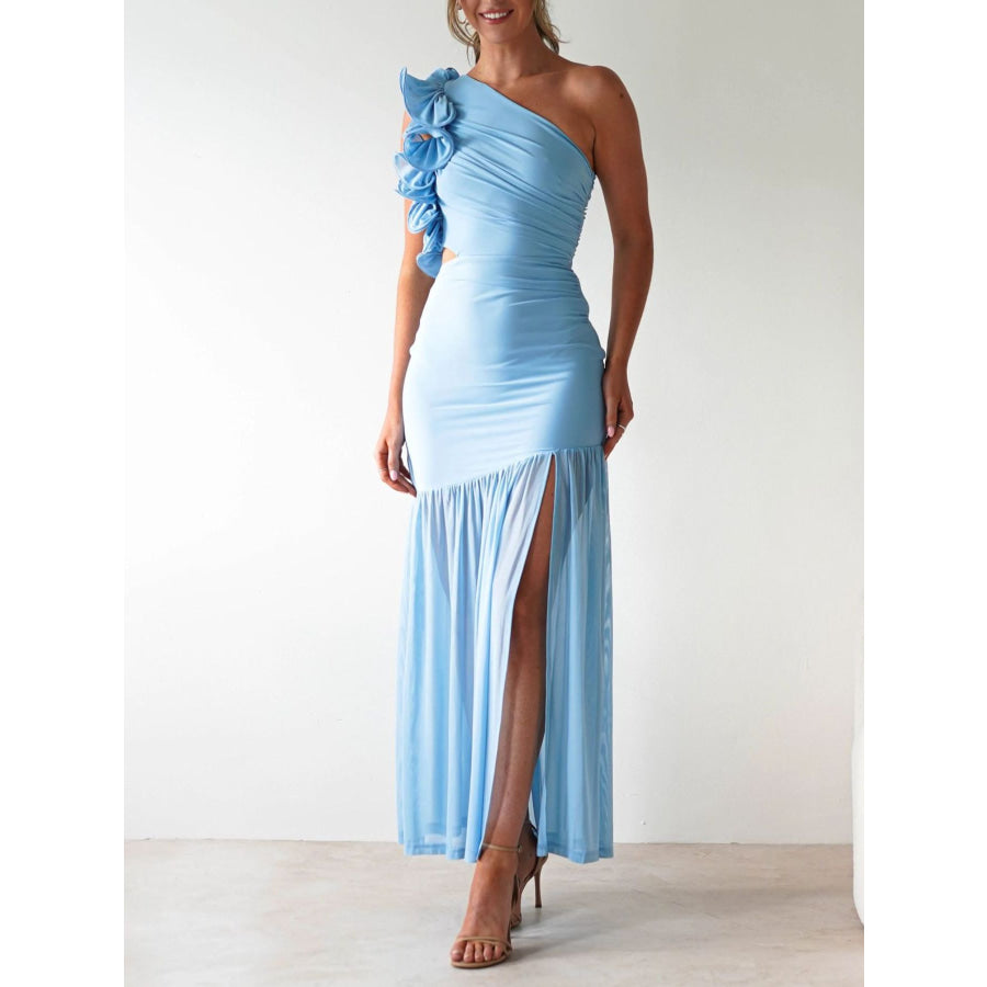 One-Shoulder Ruffle Trim Maxi Dress Apparel and Accessories
