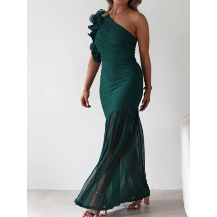 One-Shoulder Ruffle Trim Maxi Dress Apparel and Accessories
