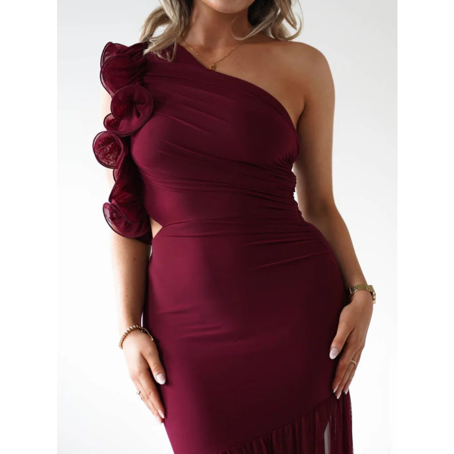 One-Shoulder Ruffle Trim Maxi Dress Apparel and Accessories