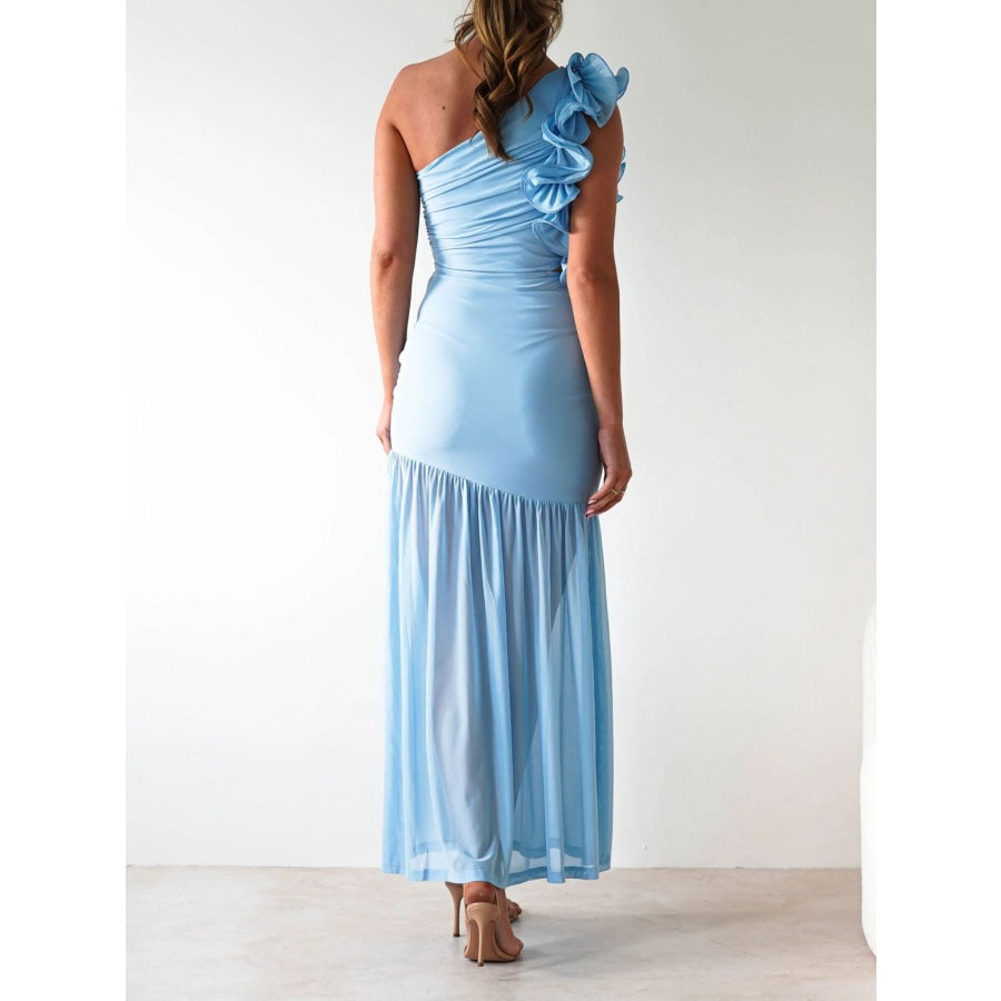 One-Shoulder Ruffle Trim Maxi Dress Apparel and Accessories