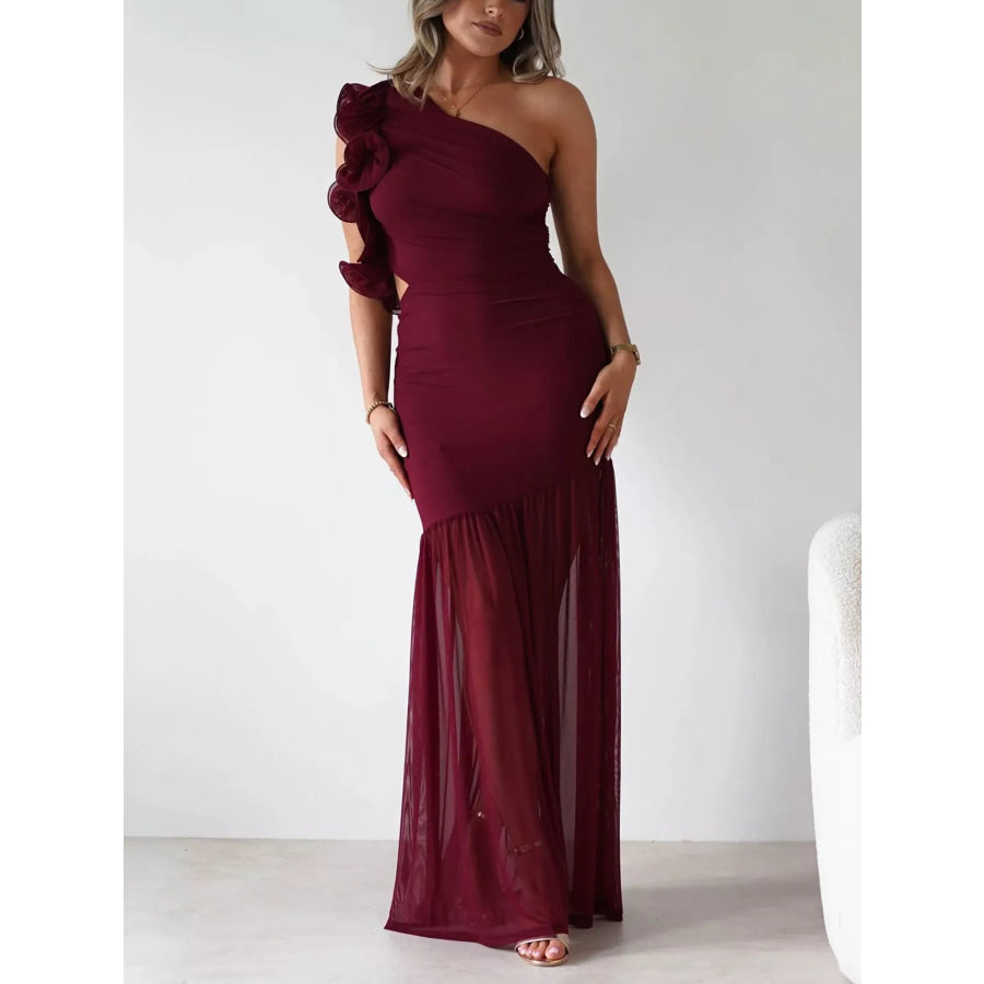 One-Shoulder Ruffle Trim Maxi Dress Wine Red / S Apparel and Accessories