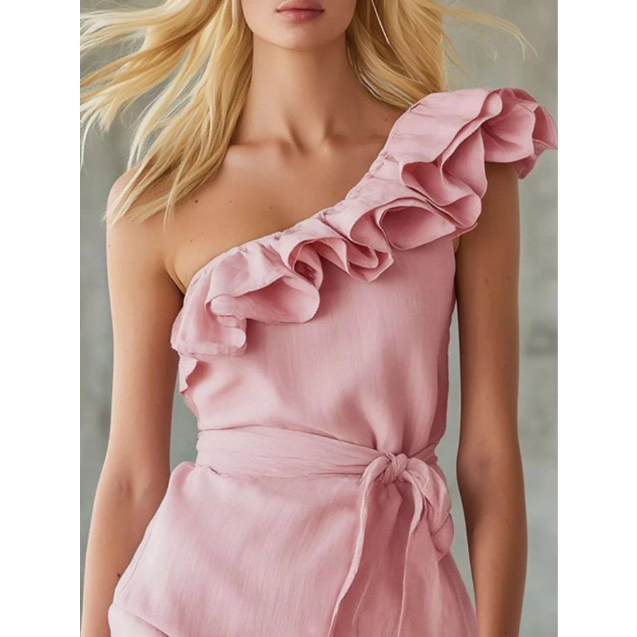 One-Shoulder Ruffle Trim Wrap Dress Apparel and Accessories