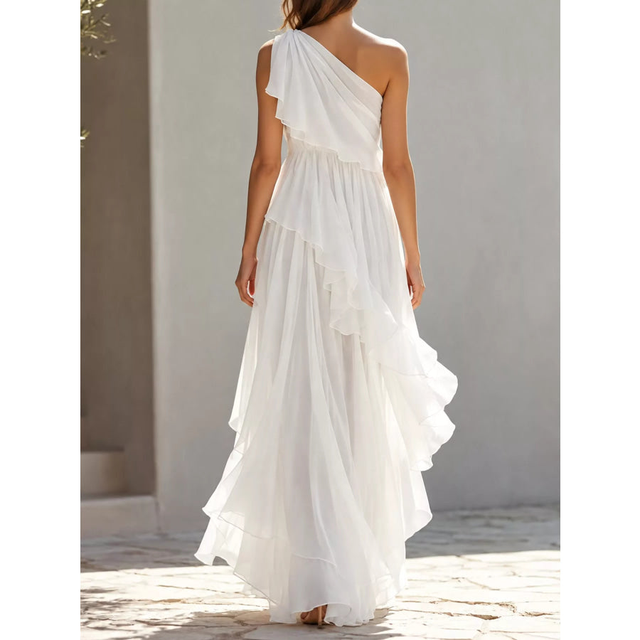 One-Shoulder Ruffled Chiffon Maxi Dress Apparel and Accessories