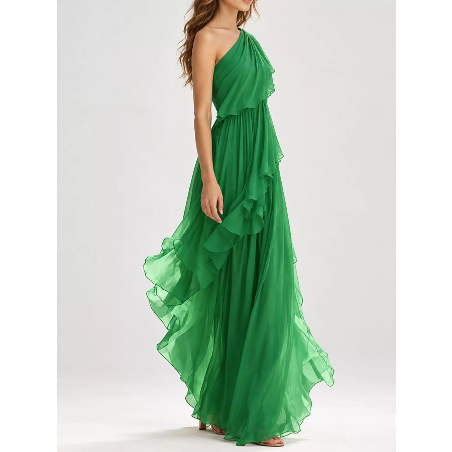 One-Shoulder Ruffled Chiffon Maxi Dress Apparel and Accessories