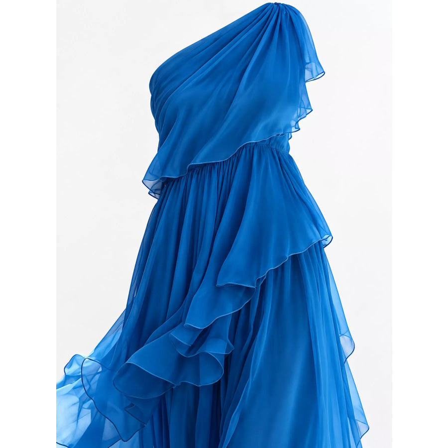 One-Shoulder Ruffled Chiffon Maxi Dress Apparel and Accessories