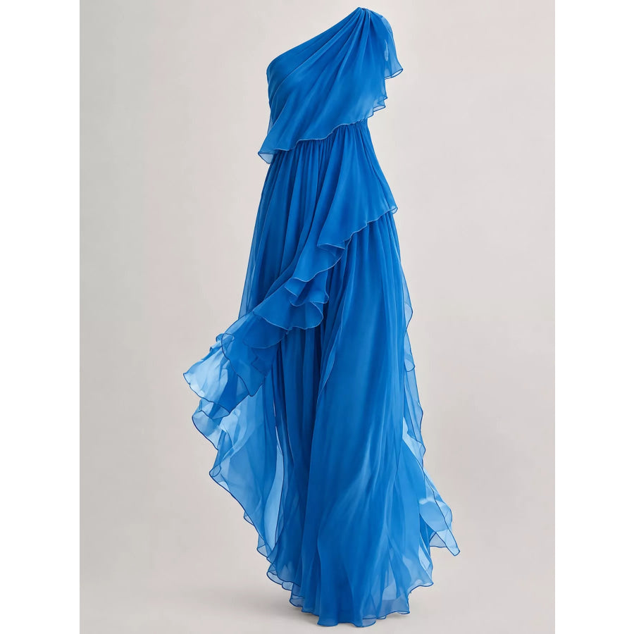 One-Shoulder Ruffled Chiffon Maxi Dress Apparel and Accessories