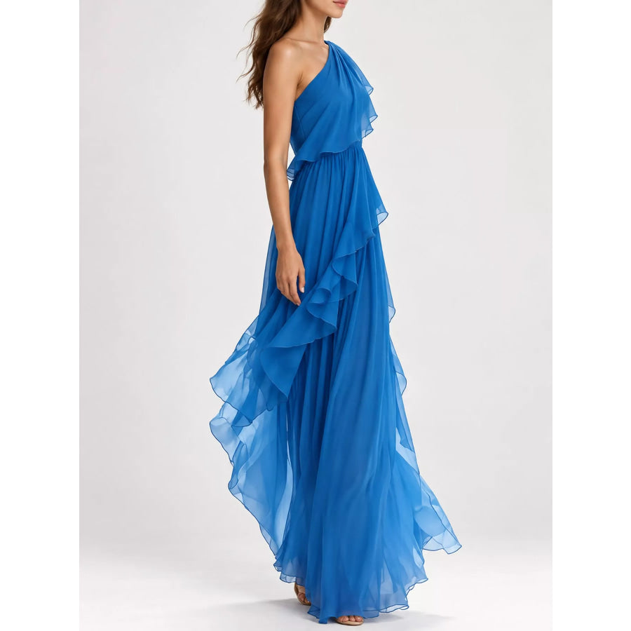 One-Shoulder Ruffled Chiffon Maxi Dress Apparel and Accessories