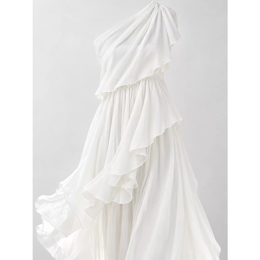 One-Shoulder Ruffled Chiffon Maxi Dress Apparel and Accessories