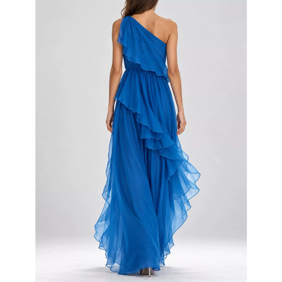 One-Shoulder Ruffled Chiffon Maxi Dress Apparel and Accessories