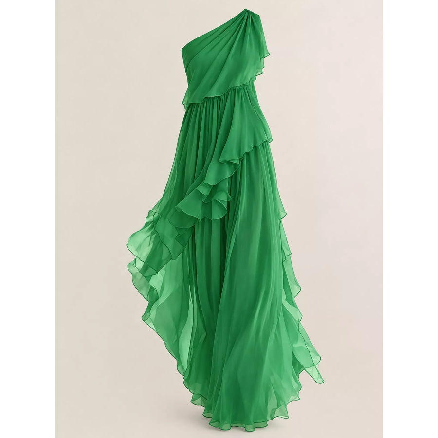 One-Shoulder Ruffled Chiffon Maxi Dress Apparel and Accessories