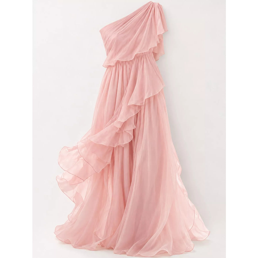 One-Shoulder Ruffled Chiffon Maxi Dress Apparel and Accessories
