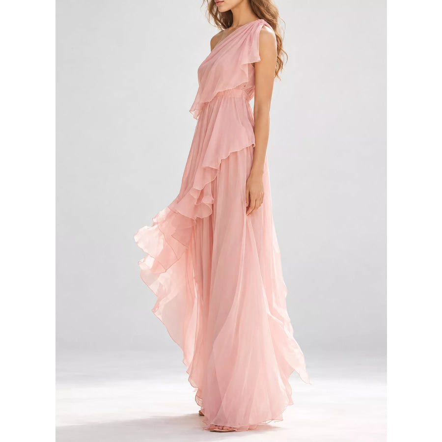One-Shoulder Ruffled Chiffon Maxi Dress Apparel and Accessories