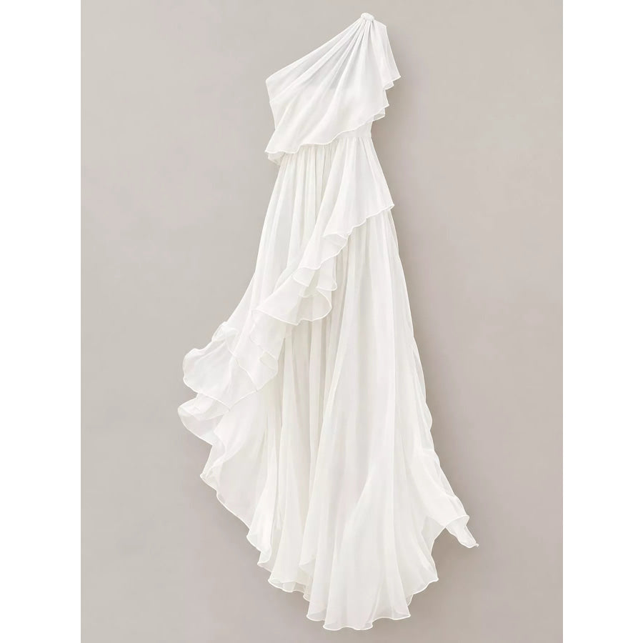 One-Shoulder Ruffled Chiffon Maxi Dress Apparel and Accessories